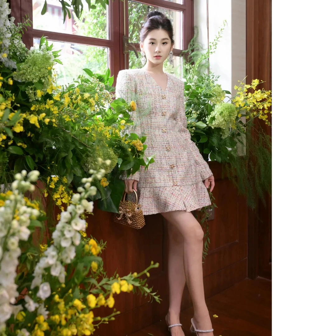 （珊珊家）原原单单秋冬彩色粗花呢V领气质连衣裙