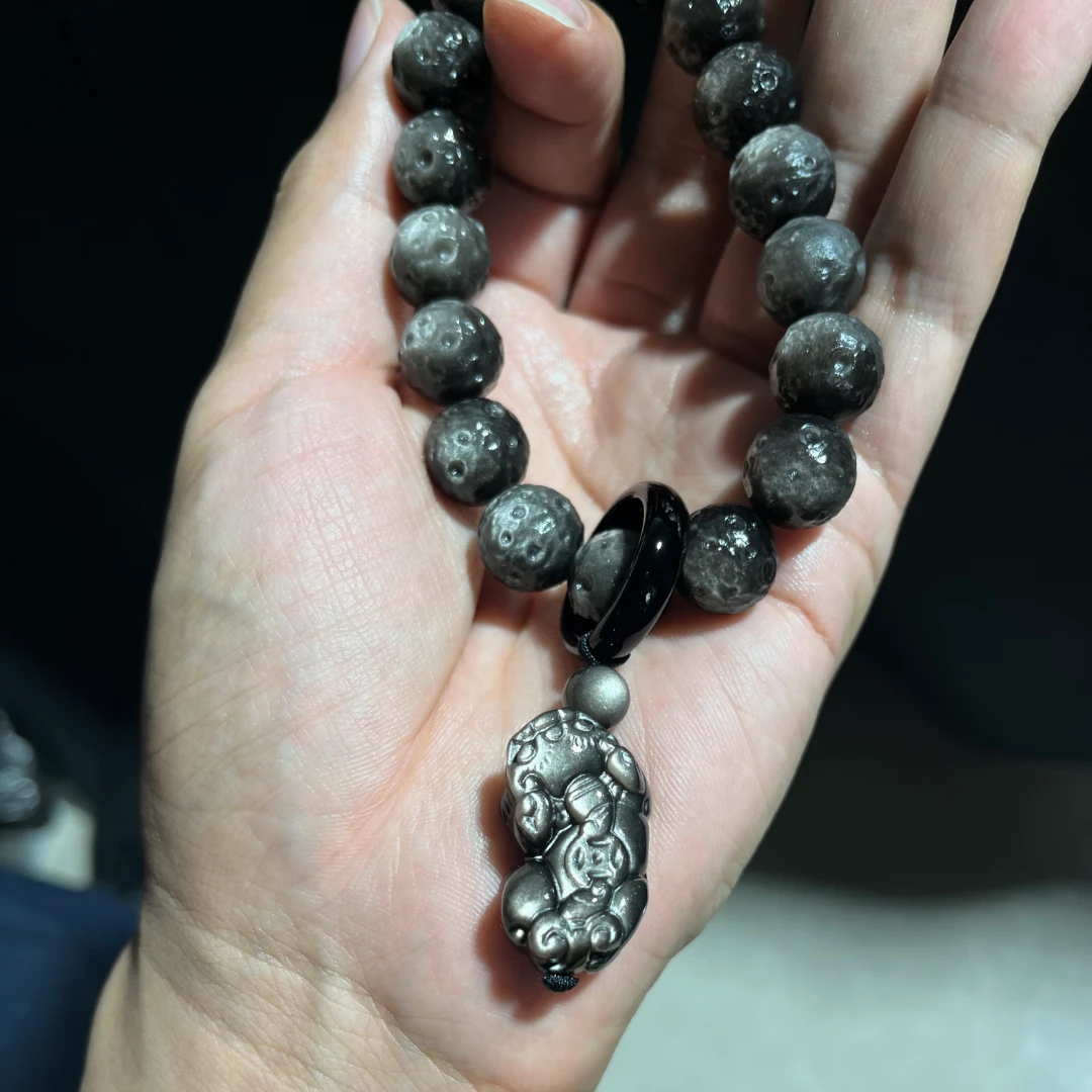 7A银色黑曜石银曜石精选特亮男女星球月球太空人手链黑曜石手串