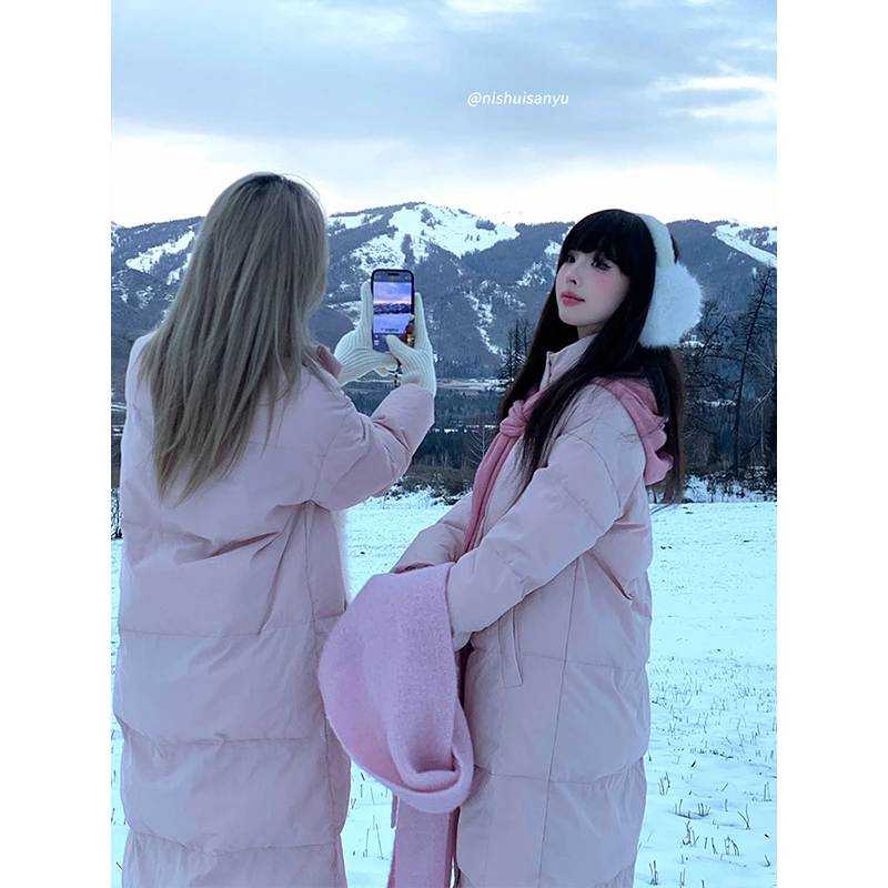 溺水三鱼【草莓雪吻】冬季韩版中长款棉服百搭加厚保暖过膝长款棉衣