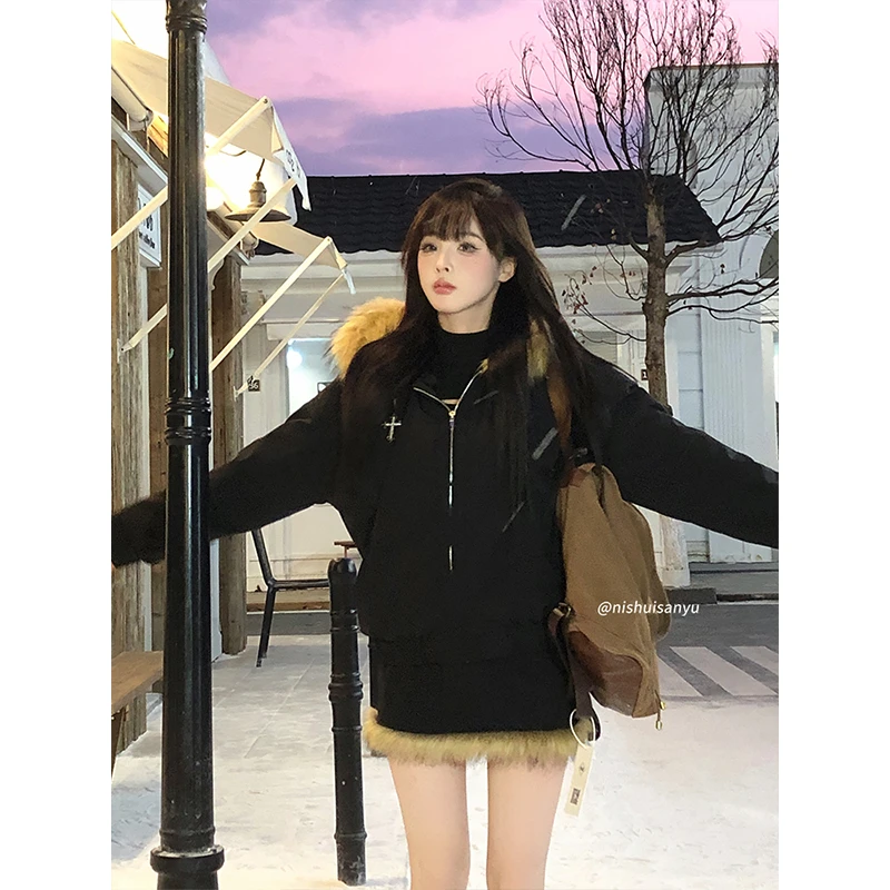 溺水三鱼【蜜糖羽栗】秋冬网红连帽短款外套毛ins风绒边半裙