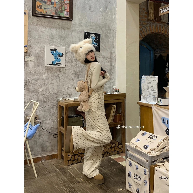 溺水三鱼【甜心缪斯】休闲小众设计灯芯绒碎花背带裤