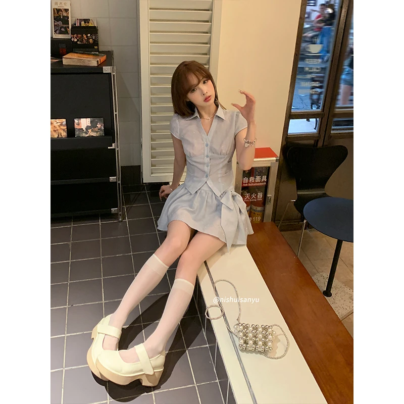 溺水三鱼【碎闪云朵】学院甜辣风收腰v领衬衫泡泡袖上衣a满钻半身裙