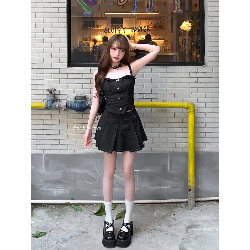 溺水三鱼【摇滚芭蕾】纯欲小众设计辣妹蝴蝶吊带上衣a字半身裙