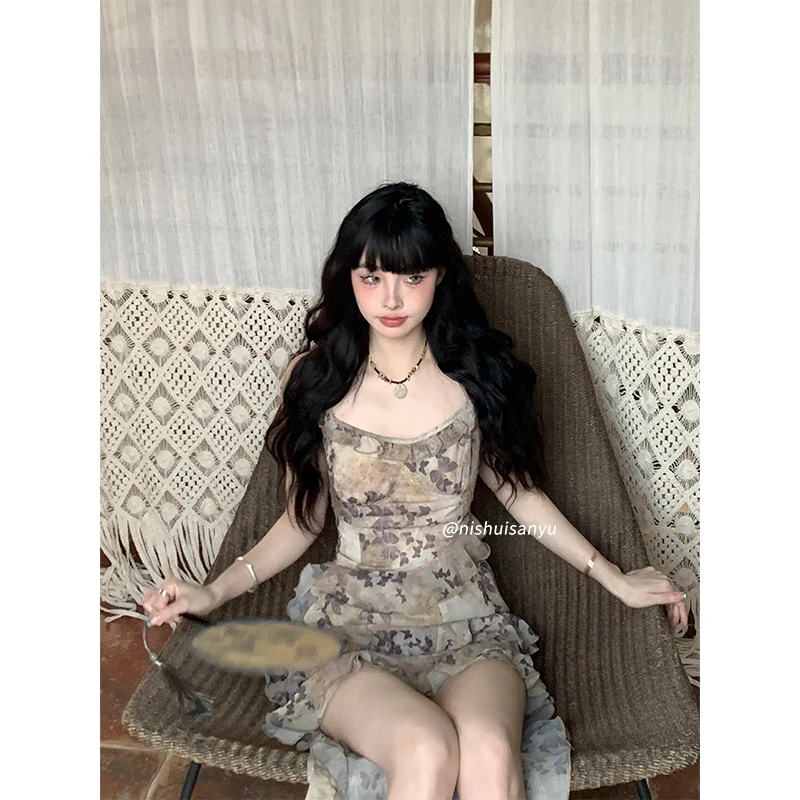 溺水三鱼【霜漠蝶语】纯欲法式小众设计不规则荷叶边吊带