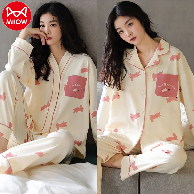 猫人2023年新款睡衣女士春款秋冬季纯棉长袖开衫家居服休闲套装