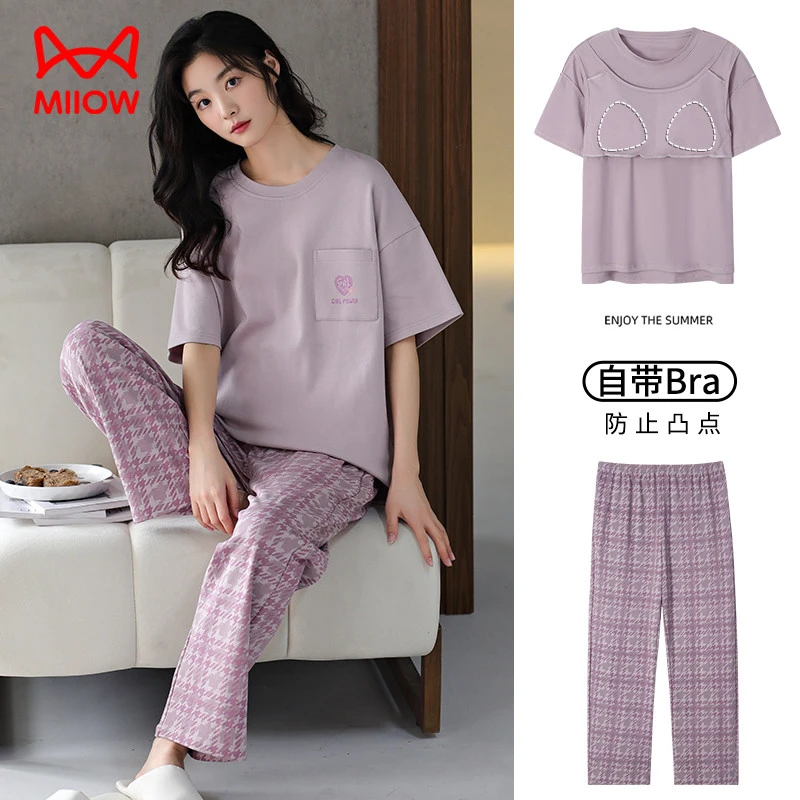 猫人睡衣纯棉短袖长裤圆领夏季大码女士宽松家居服休闲带胸垫套装