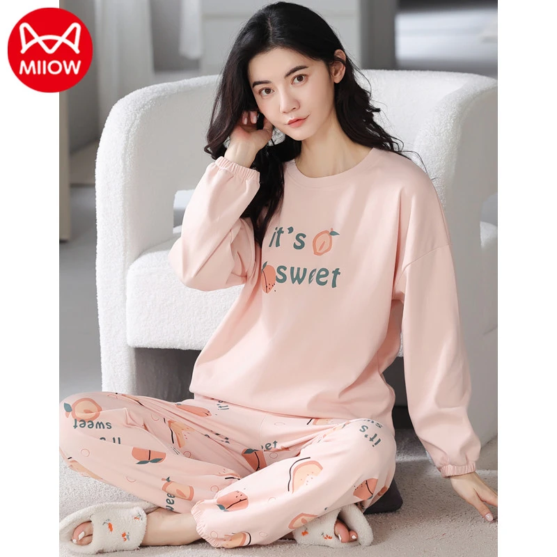 MIIOW/猫人粉色睡衣女士春秋季纯棉长袖圆领秋冬天可爱家居服套装