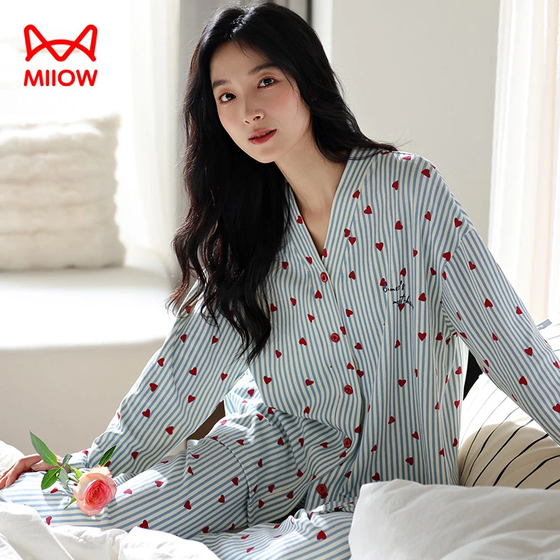 猫人睡衣女春秋季纯棉长袖长裤开衫可外穿简约大码女士家居服套装