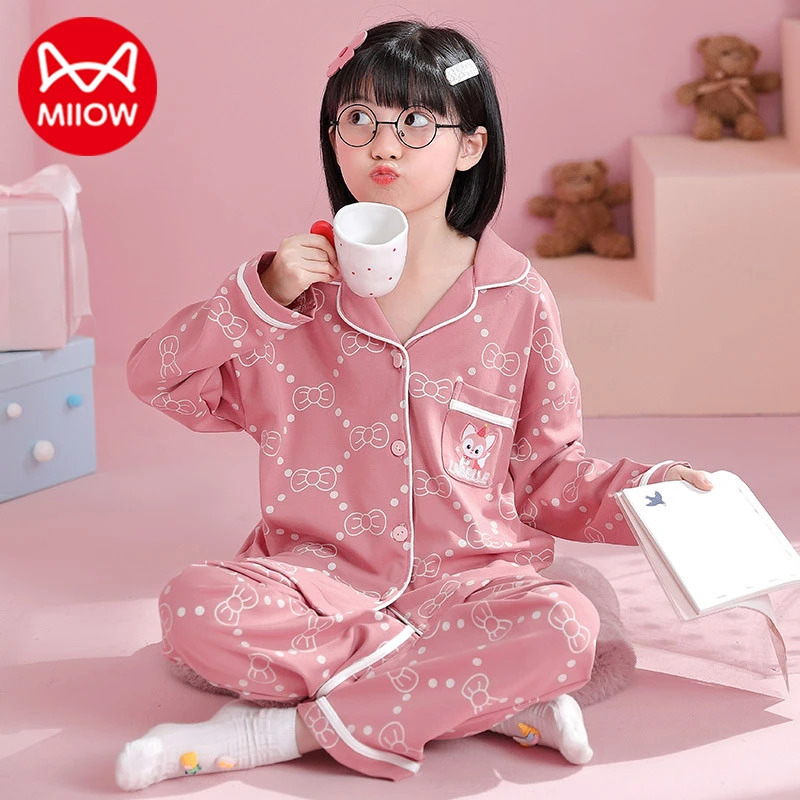MiiOW/猫人童装睡衣女款春秋季纯棉长袖棉质套装大小童卡通家居服