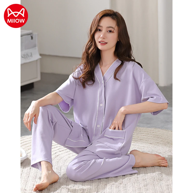 猫人睡衣女士夏季薄款纯棉开衫短袖长裤紫色休闲家居服可外穿套装