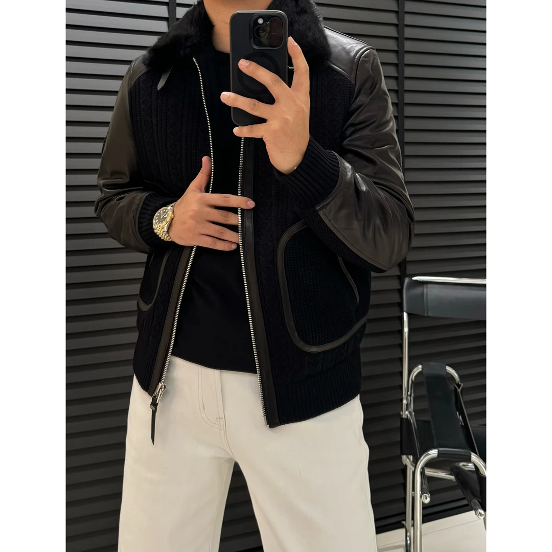 高品质轻奢白鹅绒羽绒服*冬季新款*男士拼接绵羊皮简约羽绒服9050