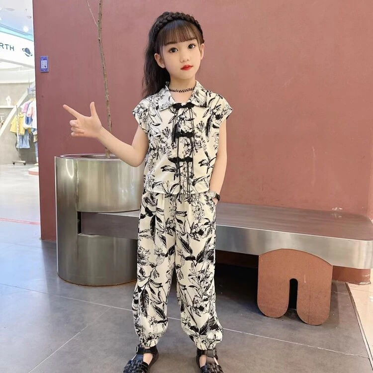 女童夏季套装2024新款民族风女孩洋气水墨画时尚薄款雪纺两件套潮