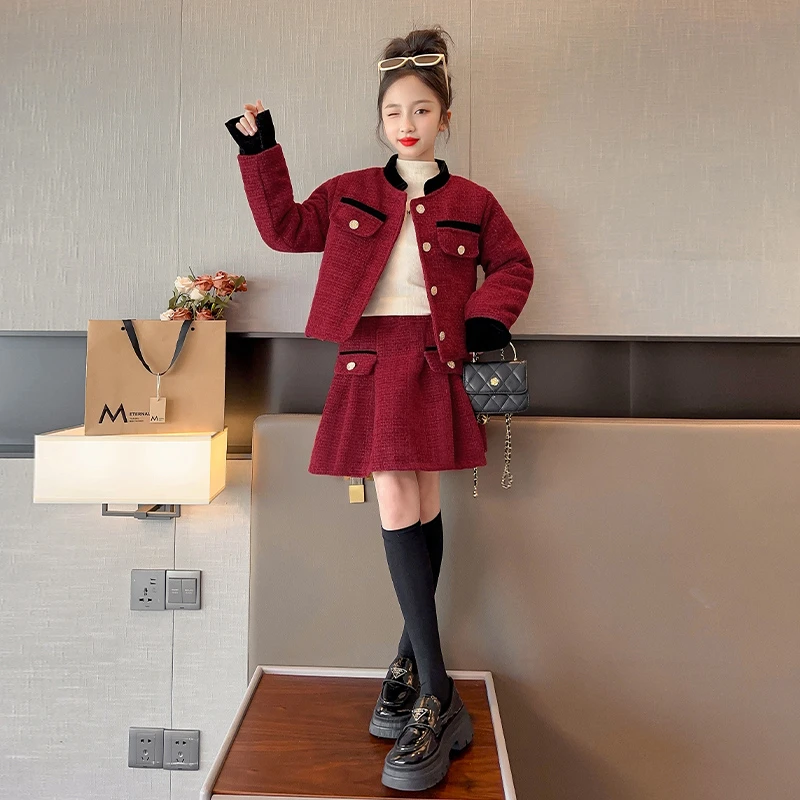 女童小香风套装秋冬款2024新款儿童红色连衣裙新年衣服过年服裙子