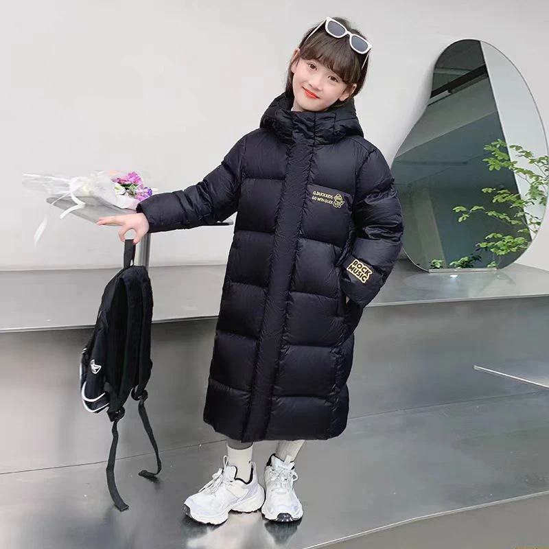 儿童羽绒棉服黑色中长款过膝加厚男童女童青少年冬装2024新款童装