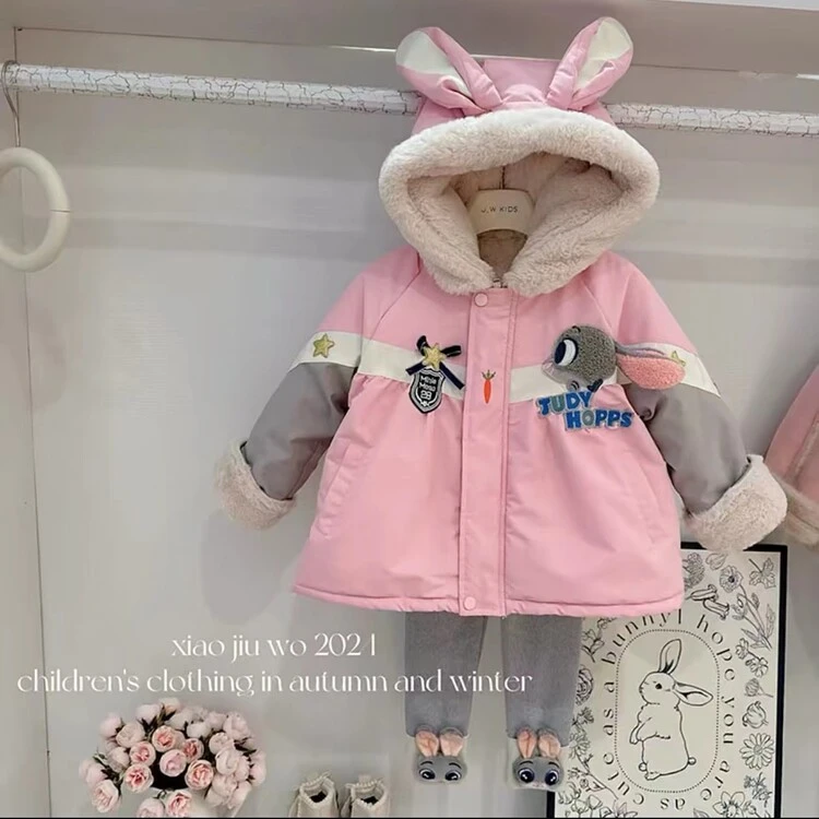 女.童冬装外套2024新款儿.童卡通派克服兔子警官棉袄加绒加厚上衣
