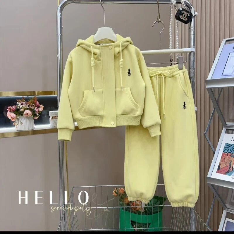 女童加绒卫衣套装秋冬装2024新款儿童加厚连帽开衫卫裤运动两件套