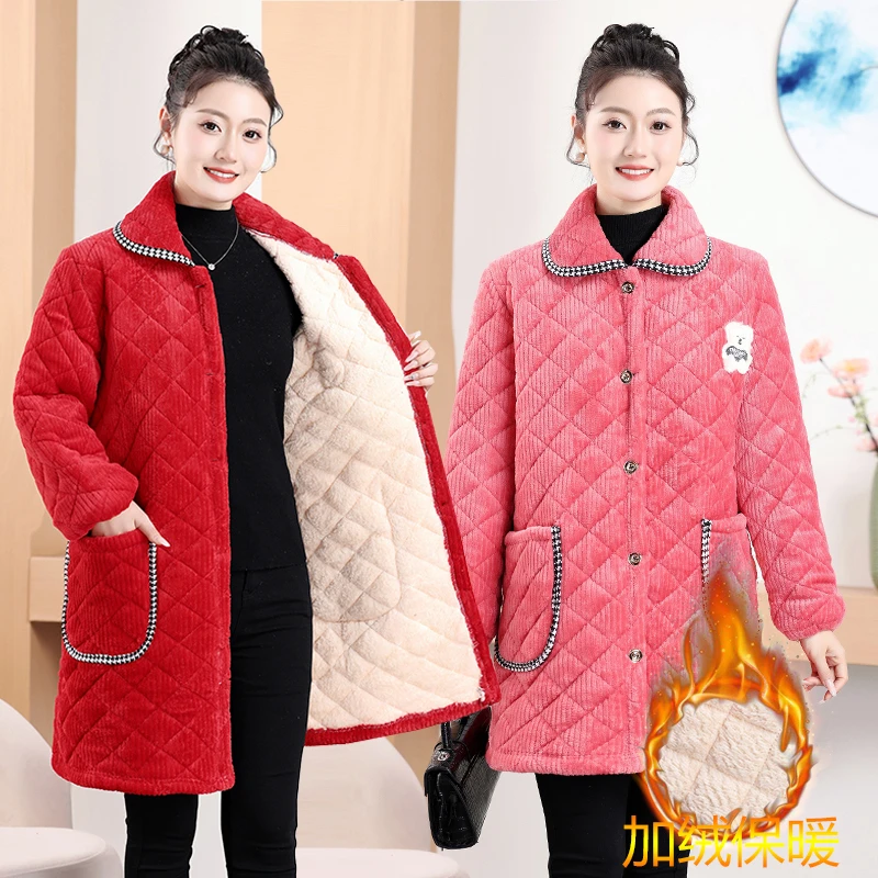冬季新款中长款女士翻领加绒加厚保暖棉服外套大码宽松罩衣