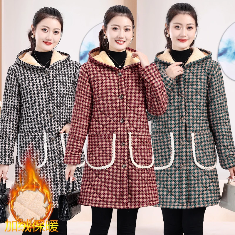 中长款连帽棉衣女加绒保暖宽松罩衣家居服格子棉袄妈妈装冬季加厚