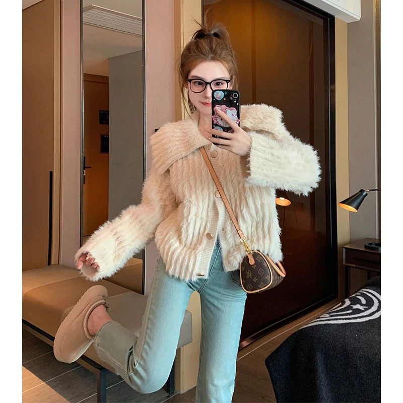 仿貂绒娃娃领开衫针织外套女2024秋冬新款慵懒风软糯加厚外穿毛衣