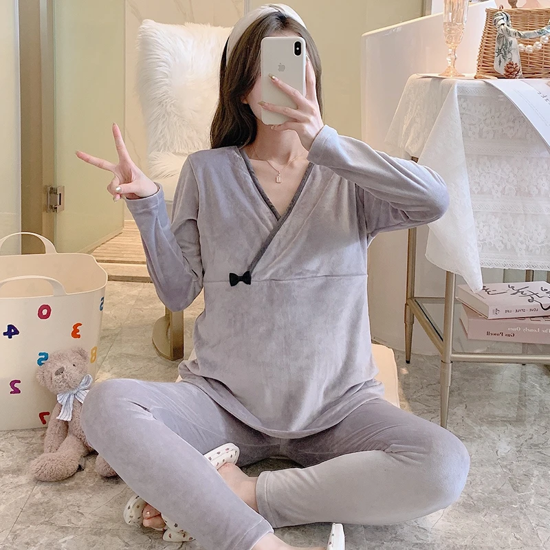 免穿文胸~双面加绒孕妇秋衣秋裤套装加厚产后哺乳保暖内衣月子服