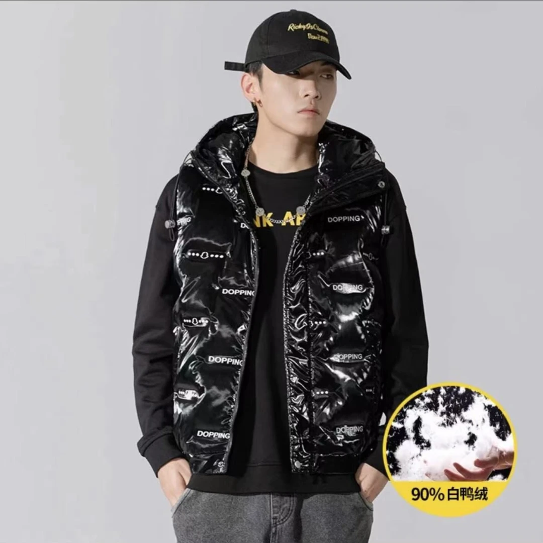 亮面保暖羽绒马甲情侣连帽无袖背心外套冬季轻薄羽绒服白鸭绒百搭
