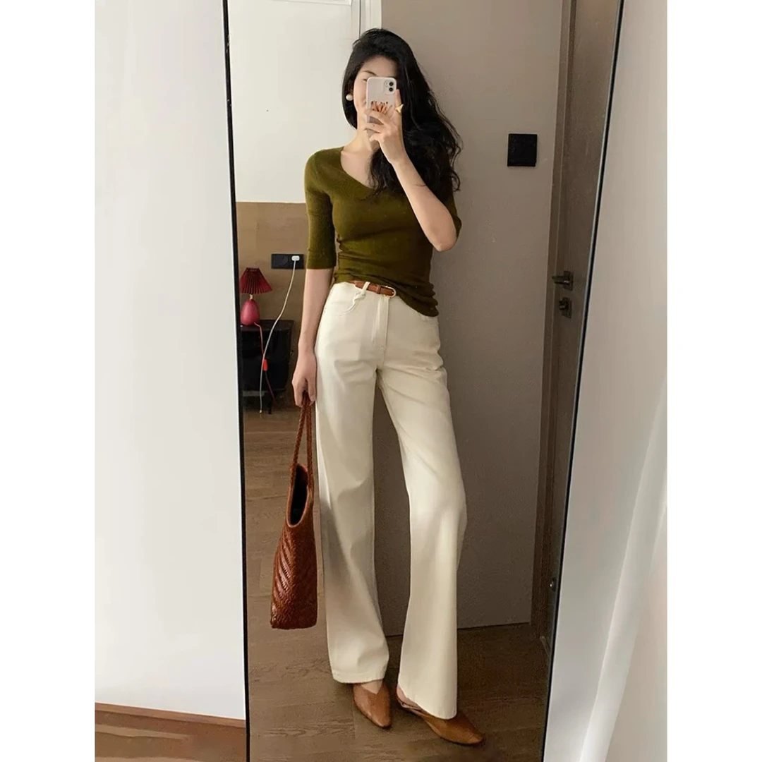 （加绒）四面弹-法兰绒 米白色-宽松直筒裤 高规版