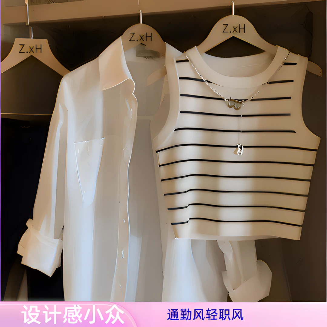 夏季辣妹白色针织短款条纹背心女外穿无袖上衣内搭链条设计感小众