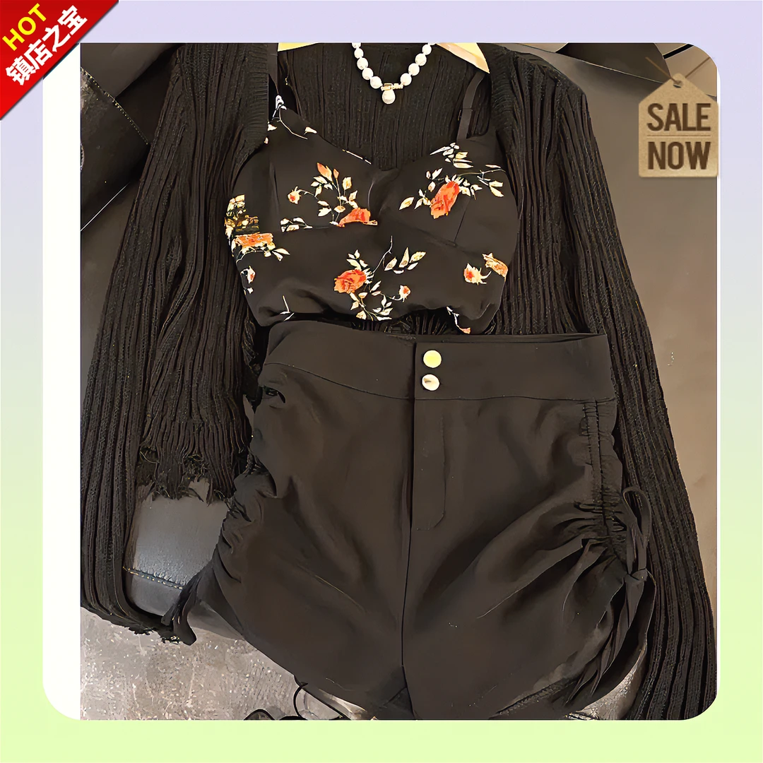 夏季温柔系穿搭女黑色新款胖m大码印花百搭甜酷辣多巴胺开衫吊带