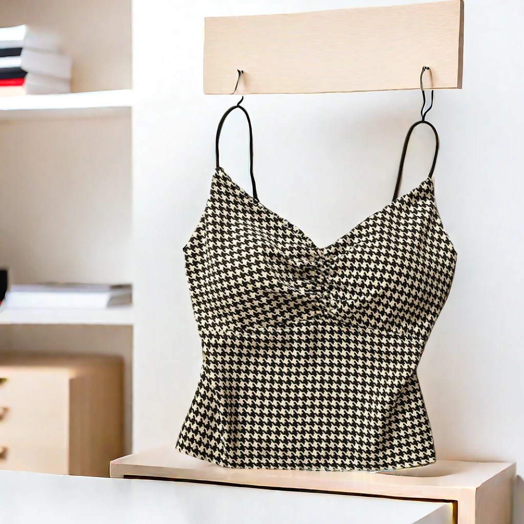 千鸟格新款修身打底吊带内搭小香风美背女夏季洋气女士带胸垫背心