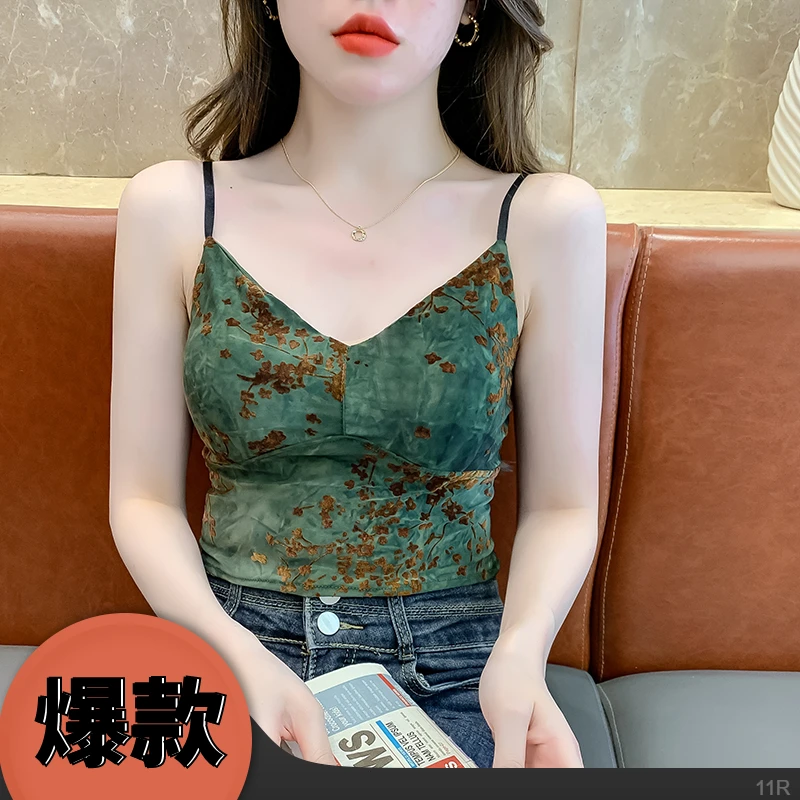 新款丝绒碎花吊带背心女内搭带胸垫辣妹V领外穿打底法式无袖上衣