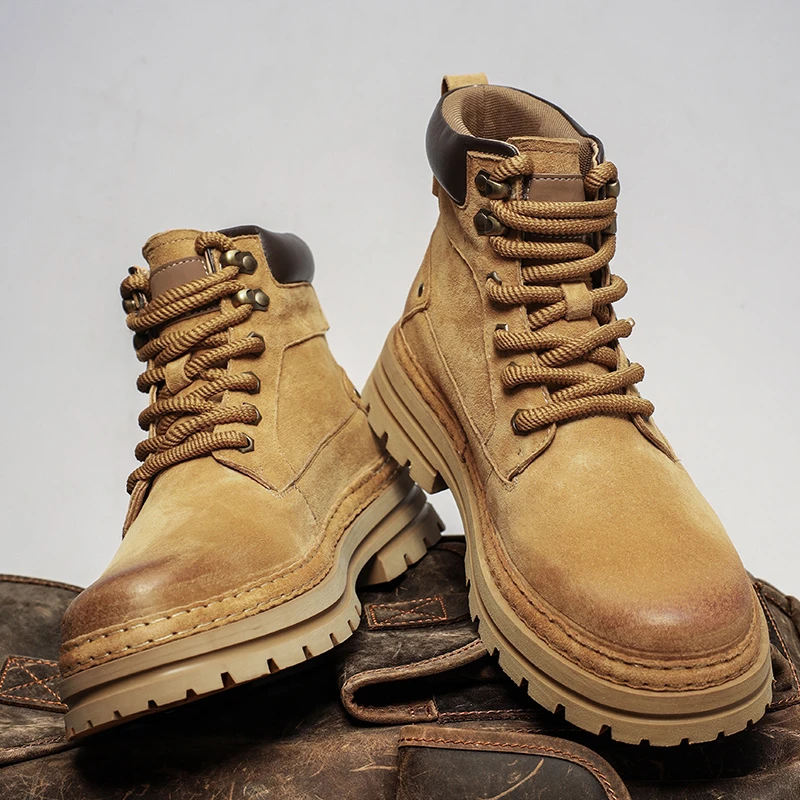 骆驼动感冬季新款大黄靴真皮马丁靴男款增高款男鞋美式防滑工装靴