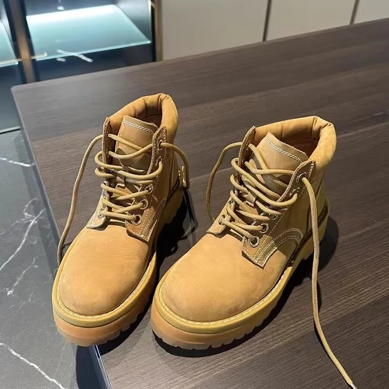 升级版全牛皮加厚保暖大黄靴24冬季新款英伦风系带厚底马丁靴大码