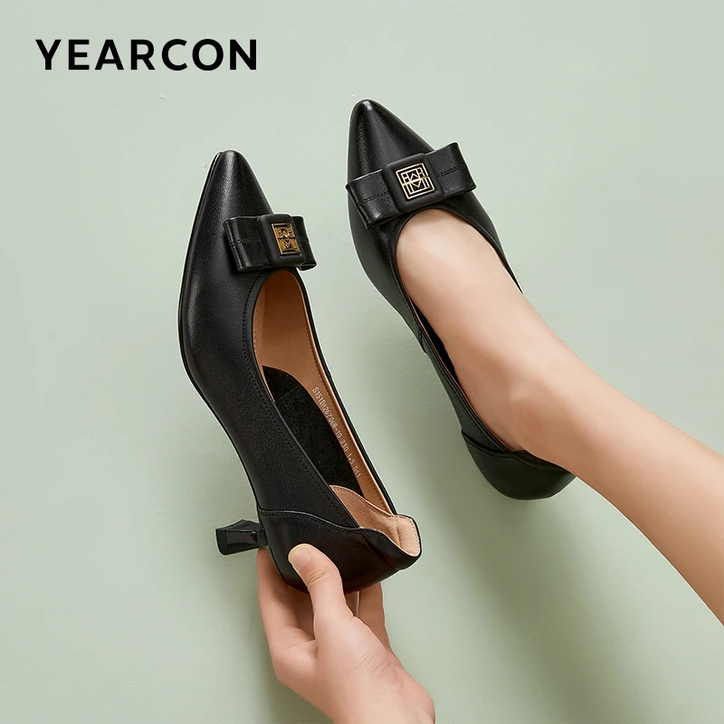 意尔康秋季新款气质时尚法式真皮细跟小众浅口高跟鞋26706W