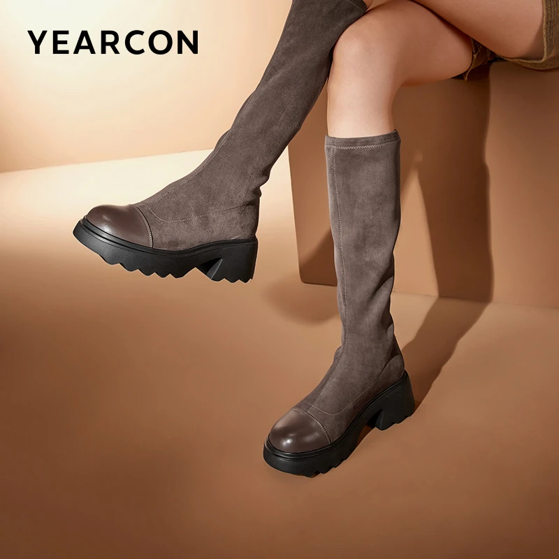 意尔康女靴长靴女绒面冬季新款粗跟单靴厚底弹力瘦瘦靴加绒29654W