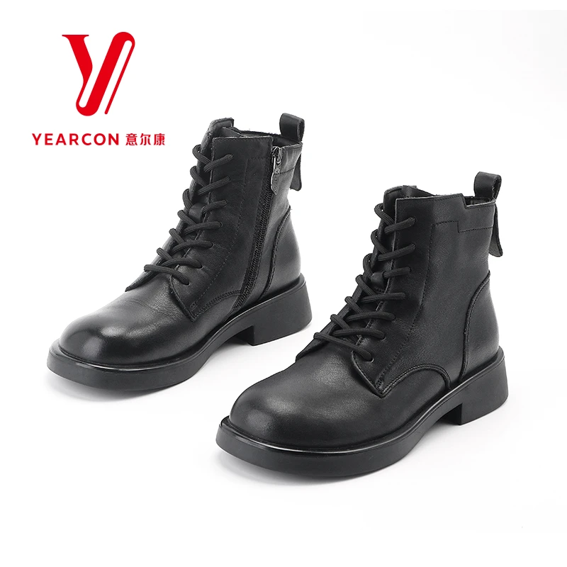 意尔康女靴秋冬款女鞋真皮马丁靴女厚底短靴加绒靴子皮棉靴267443