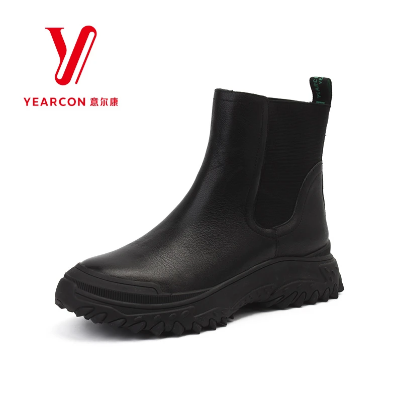 意尔康女靴冬款烟筒靴设计轮胎底厚底增高短筒切尔西靴女483022