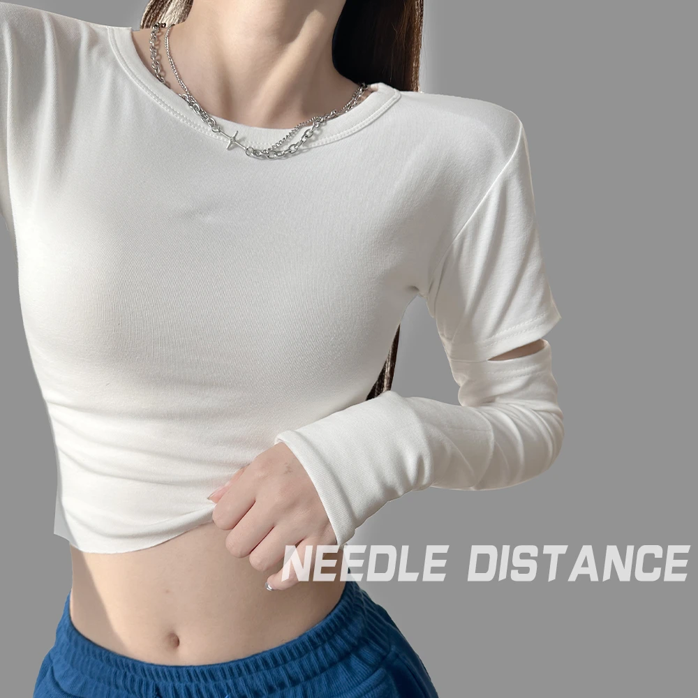 极简风2025设计感割破长袖上衣女辣妹短款百搭打底衫显瘦T衬衫ins