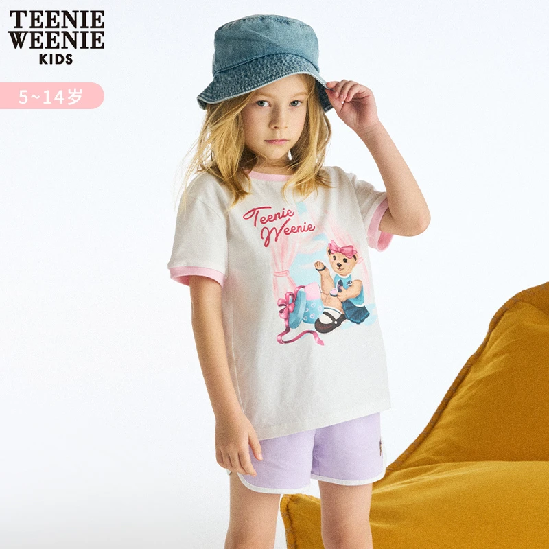 TeenieWeenie Kids小熊童装女童23年甜美印花短袖T恤TKRA236455N