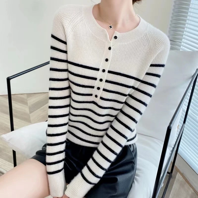 【黑白间奏条纹毛衣】100山羊绒白底黑条针织休闲套头机织针织毛衣