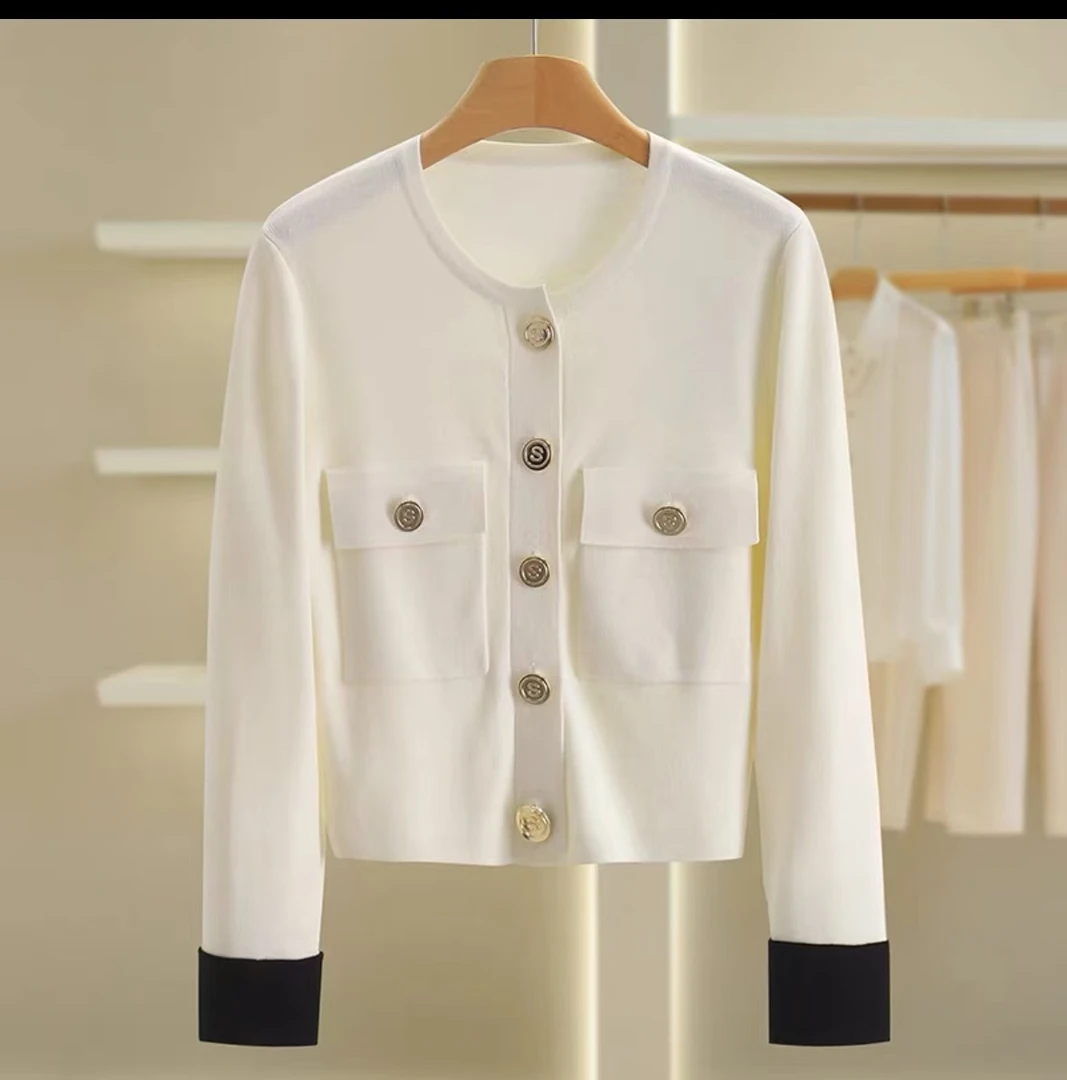 韩系小香风 秋冬圆领长袖针织气质开衫女设计感羊毛时尚毛衣网红