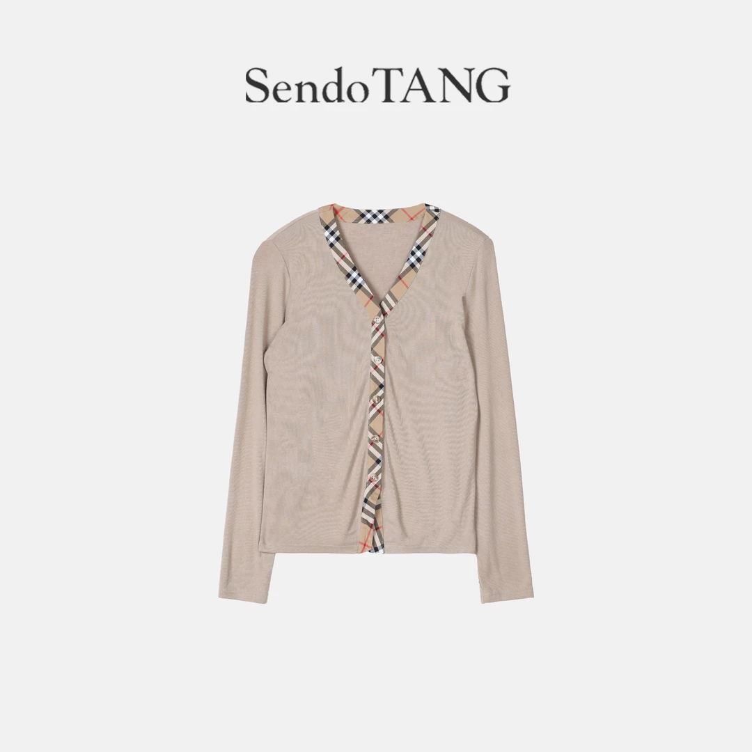 超好搭配【短途旅行】胖多女装高弹正肩拼格子微胖打底上衣