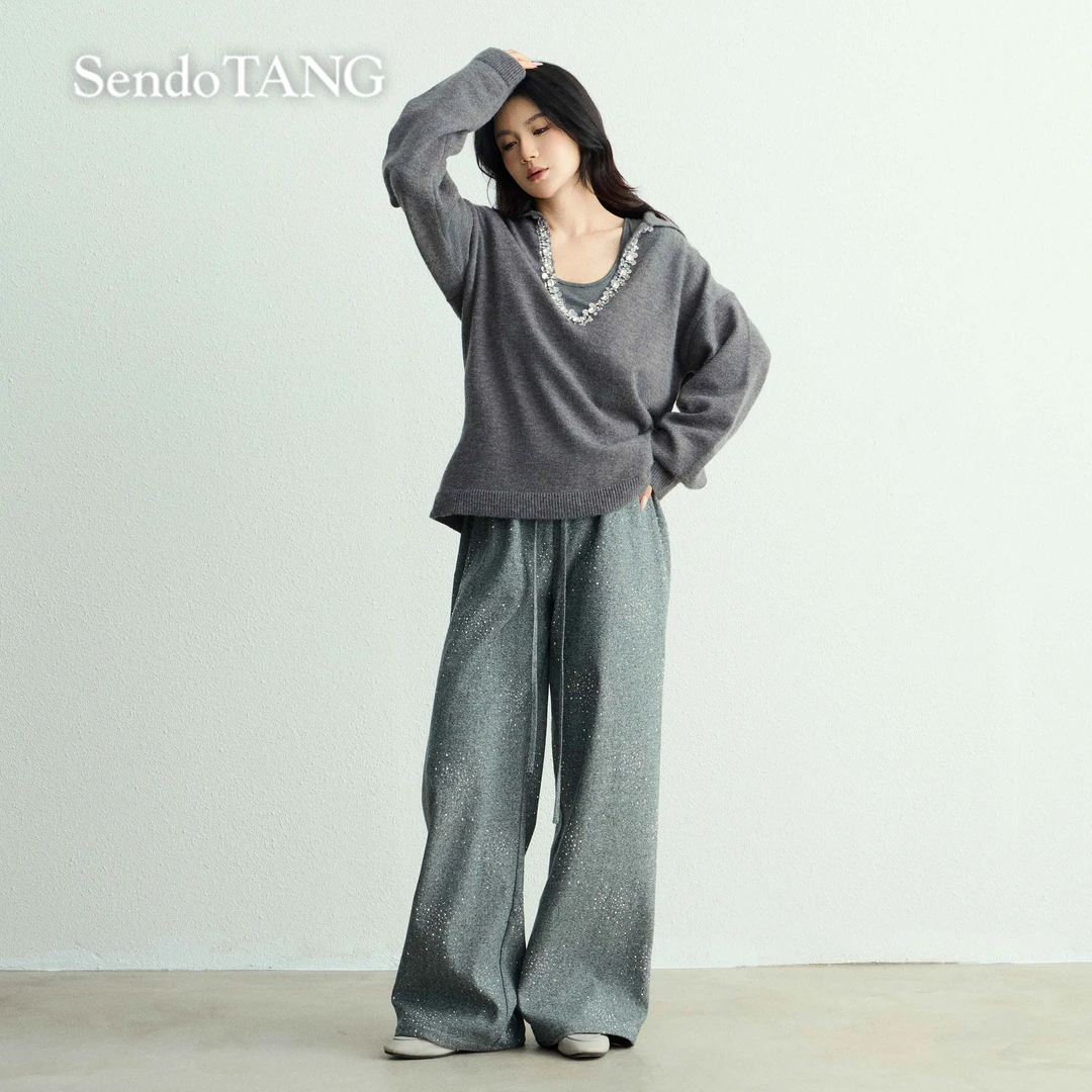 今年流行【山水画】胖多女装新款高级感V领钉珠针织上衣裤子套装