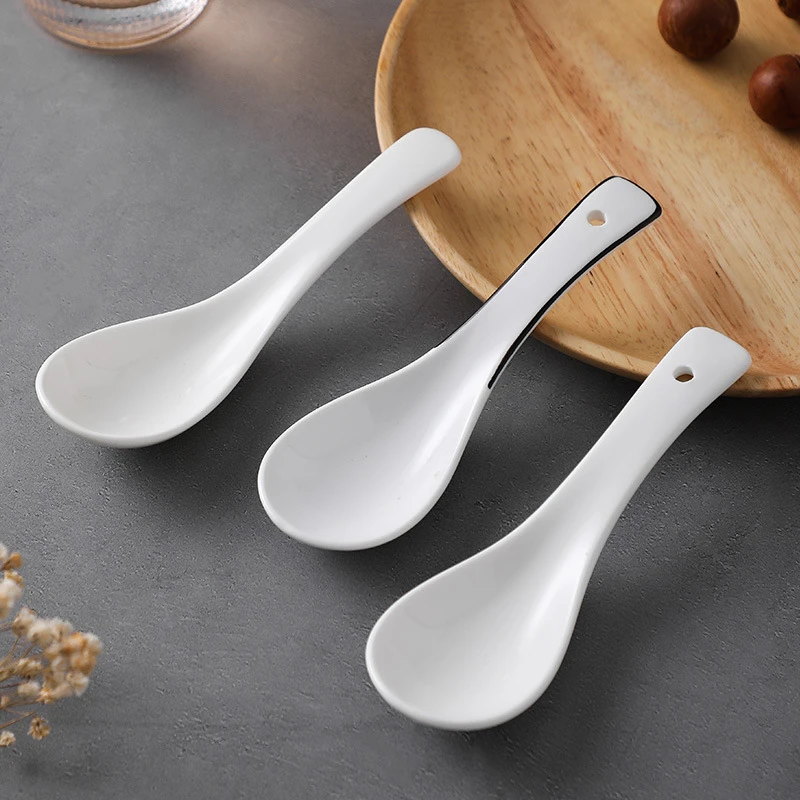 黑线纯白色简约陶瓷小号喝汤勺子家用餐具吃米饭勺调羹汤匙新中式