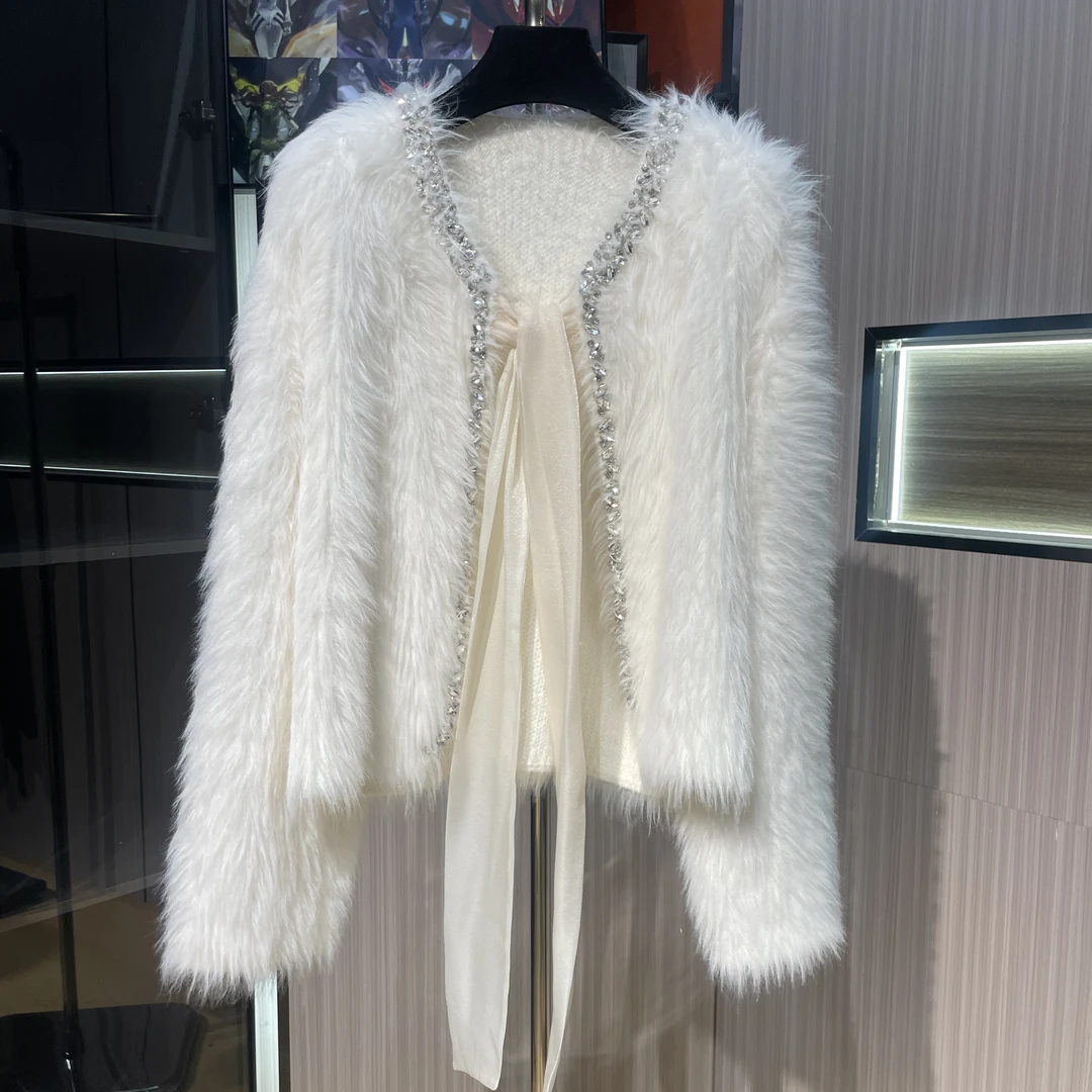 <猪猪出品>红人上新气质白色时尚名媛设计师镶钻流苏针织开衫326