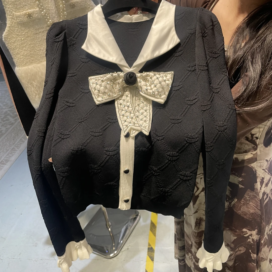 《猪猪出品》小香风气质长袖黑色时尚百搭百搭设计师107