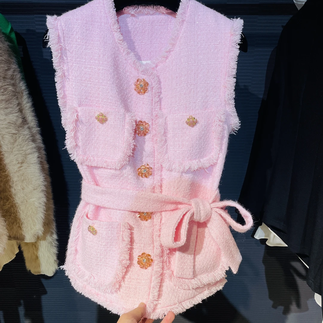 <猪猪出品>秋上新粉色小香风毛呢粗花呢针织名媛气质马甲110
