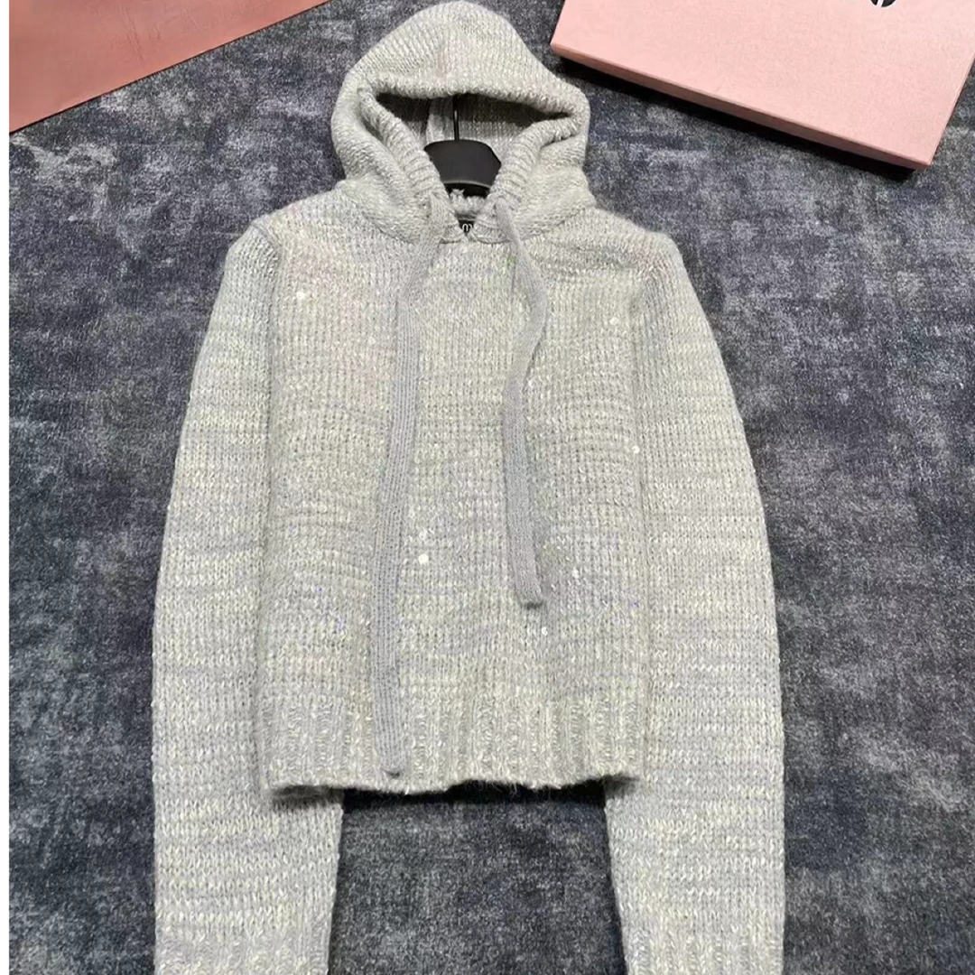 《猪猪出品》小香风针织女士连帽灰色重工秋冬套头丹宁设计师307