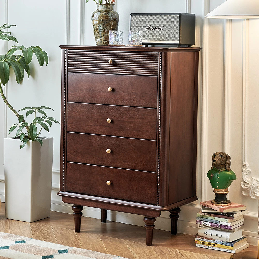 中古风全实木五斗柜客厅靠墙斗橱卧室收纳储物柜子法式实木斗柜