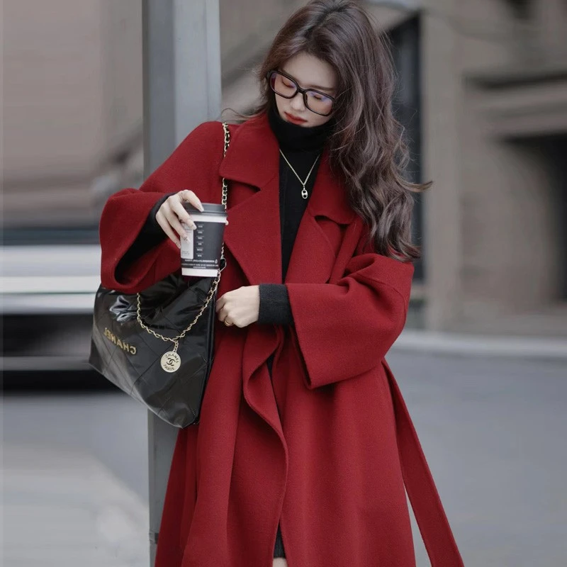 红色双面毛呢子大衣女新年喜气秋冬小个子洋气宽松毛呢外套中长款