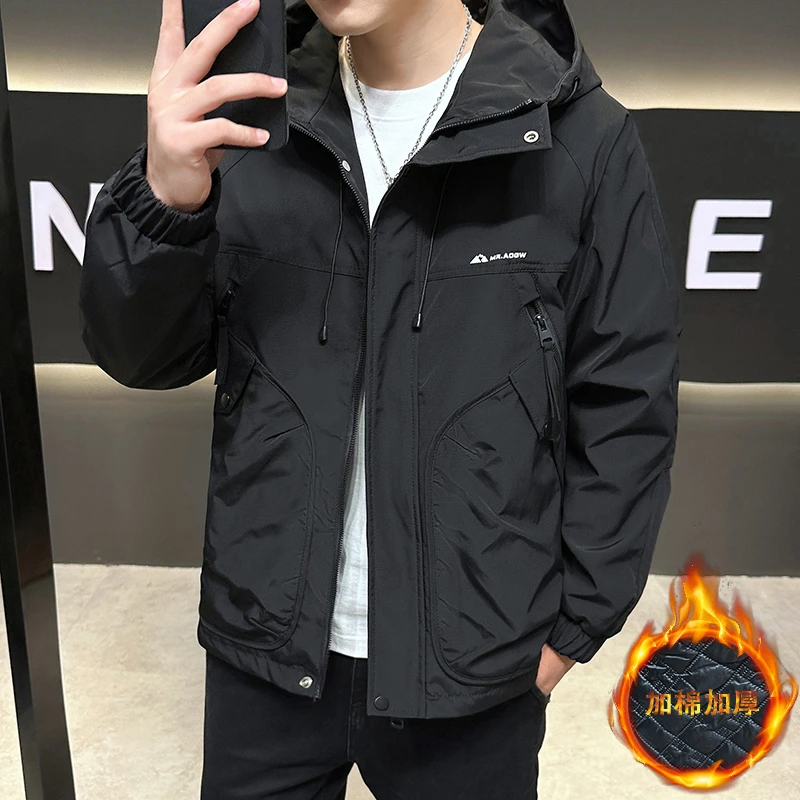 秋冬季连帽外套男士2024新款潮流加棉加厚工装夹克休闲防风冲锋衣